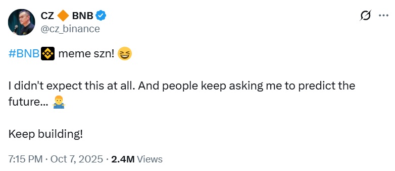 CZ Tweet about BNB pump