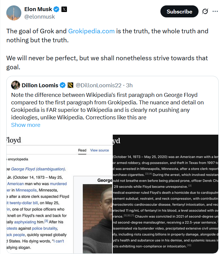 Elon Musk post on X (Formla Twitter) about Grokipedia