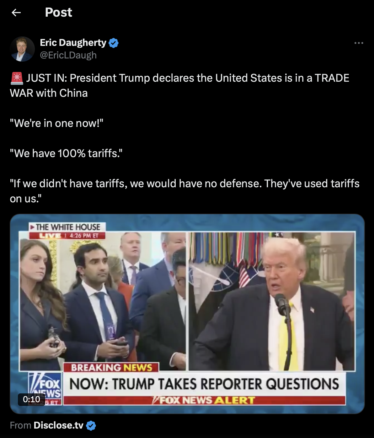 Eric Daugherty post on X (Formal Twitter) about Donald Trump