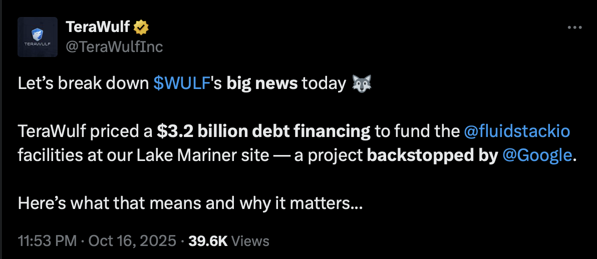 TeraWulf post on X (Formal Twitter)