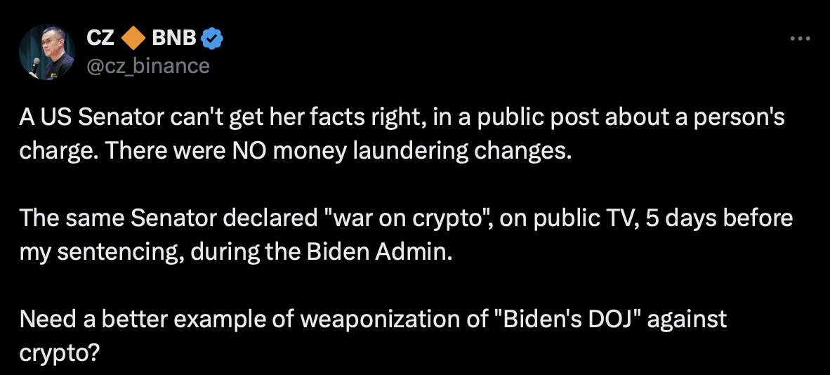 Changpeng Zhao post on X (Formal Twitter)