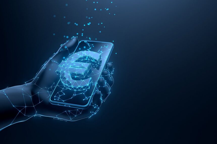 ECB headquarters with digital euro concept illustration