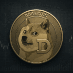 Dogecoin price chart with leverage trading warning overlay