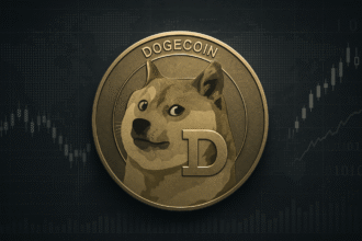 Dogecoin price chart with leverage trading warning overlay