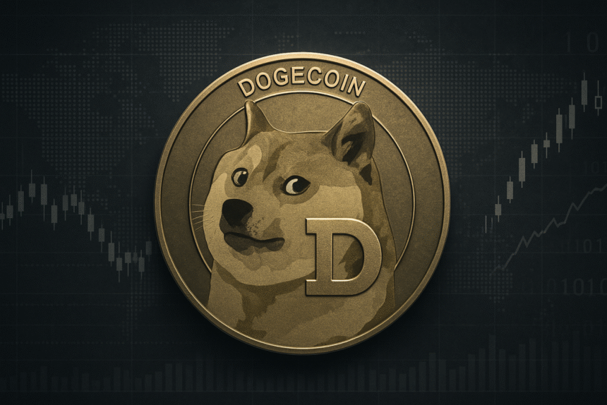 Dogecoin price chart with leverage trading warning overlay