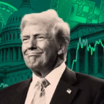 Donald Trump speaking at the 2024 Bitcoin Conference, symbolizing his embrace of cryptocurrency.