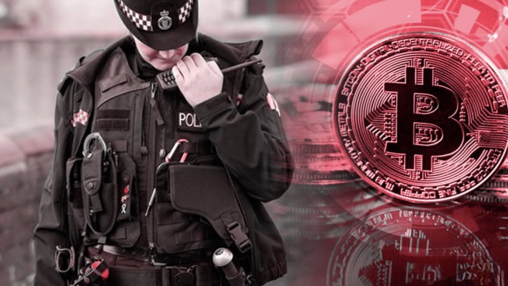 London Metropolitan Police logo and digital cryptocurrency icons