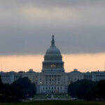 US Senate building with crypto symbols during government shutdown