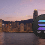 Hong Kong Stock Exchange building featuring Solana logo