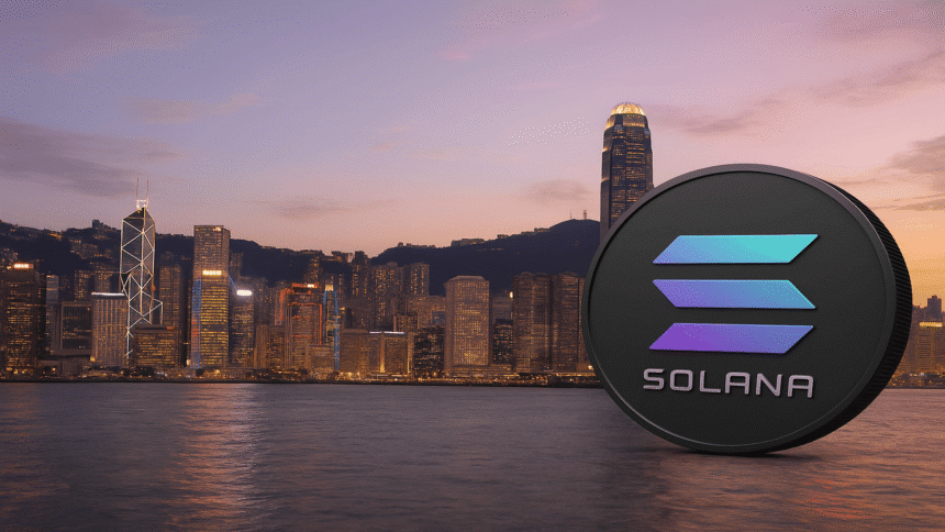 Hong Kong Stock Exchange building featuring Solana logo
