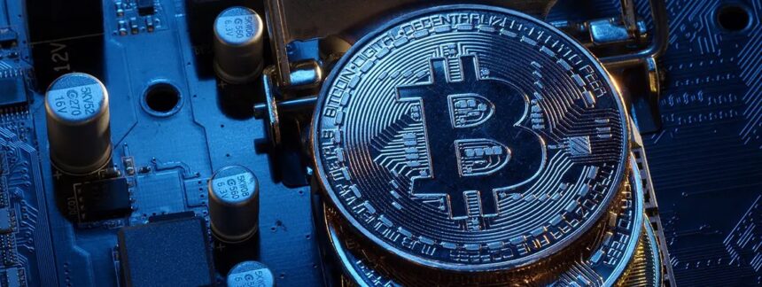 Rows of Bitcoin mining machines illustrating rising Bitcoin miner debt