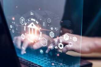 Pave Bank headquarters with digital banking interface