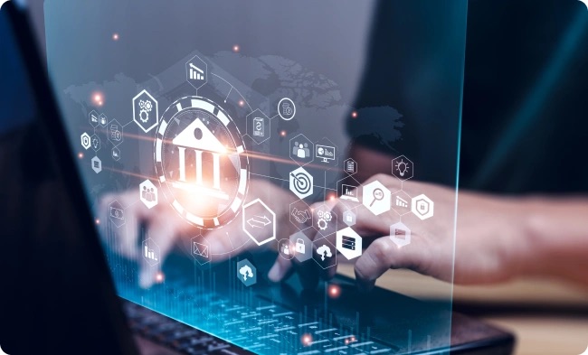 Pave Bank headquarters with digital banking interface