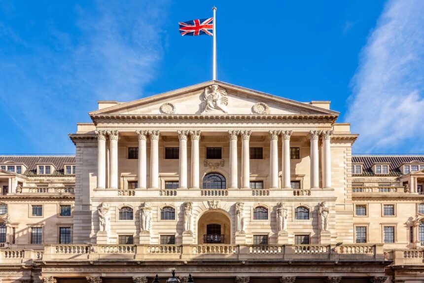 Bank of England building with focus on AI data center lending