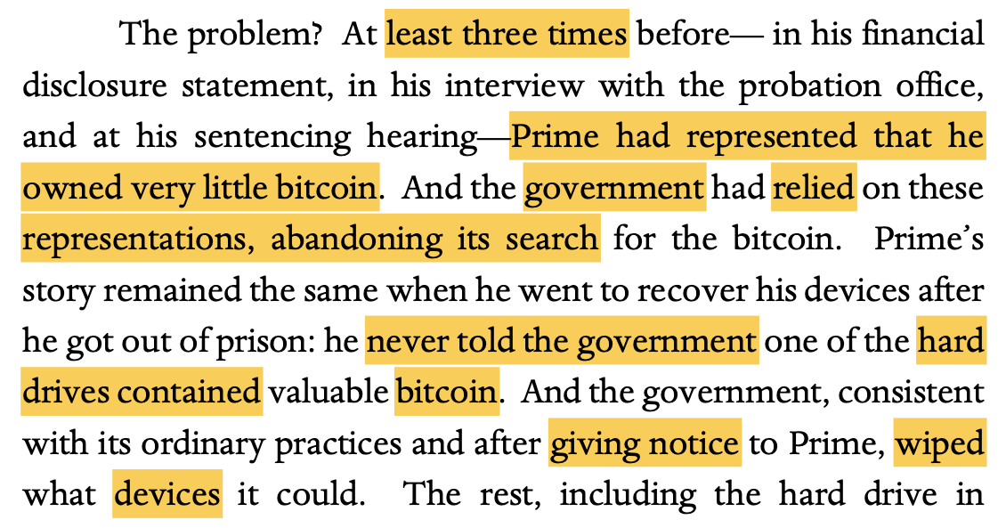 A highlighted excerpt from the Eleventh Circuit’s opinion claiming Michael Prime said he owned little Bitcoin.