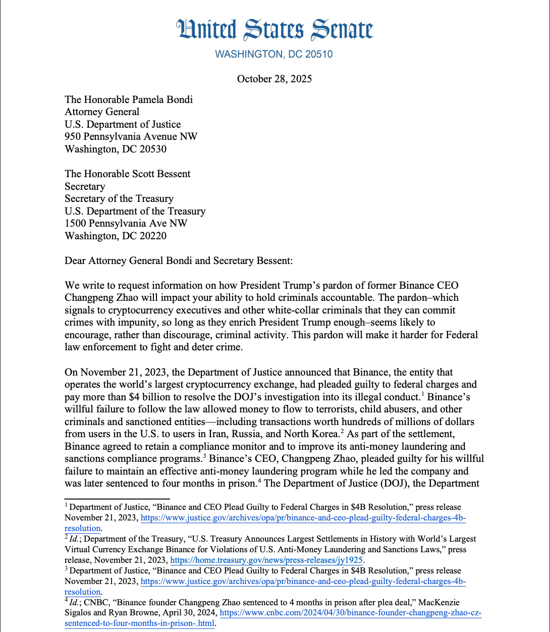 A letter from Democratic lawmakers scrutinizing the pardon.