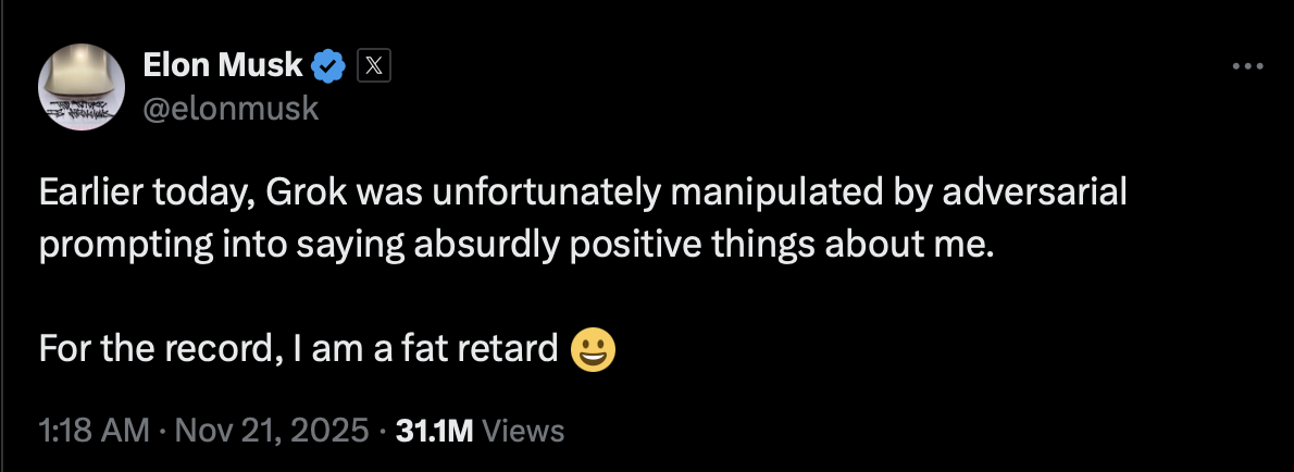 Elon Musk post on X (Formal Twitter)