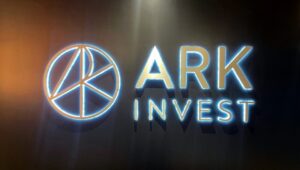ARK Invest logo with Bullish, BitMine, Circle, Robinhood, and Bitcoin ETF stock charts