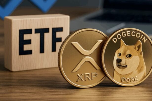 NYSE building with overlay text: Grayscale Dogecoin and XRP ETF Approval